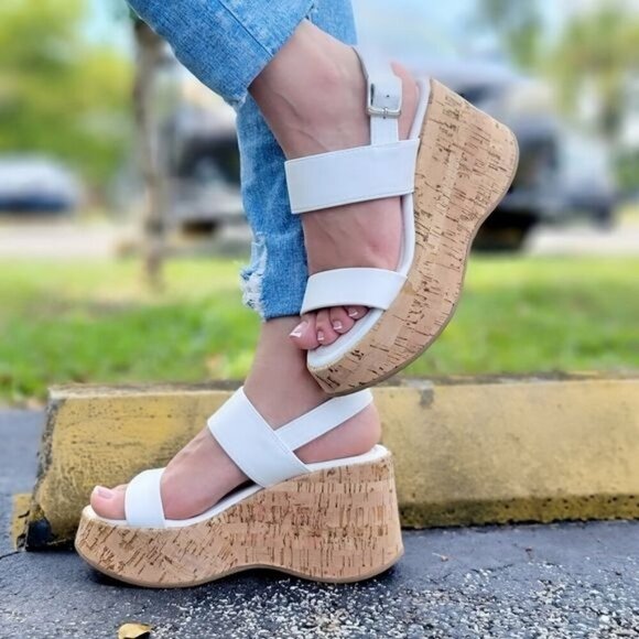Shoes - Women's High Platform Ankle Strap Wedge White Color